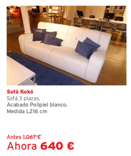 Liquidación de exposiciones de muebles Kibuc. Tienda Kibuc Gran Vía Barcelona. Sofá Kokó