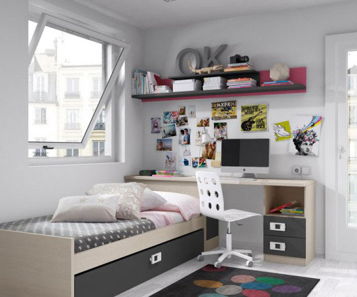 Decorar una zona de estudio de un dormitorio juvenil. Dormitorio de la colección Niu de Kibuc con cama nido y escritorio.