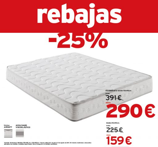 Rebajas de muebles Kibuc. Colchón Airmemory, 25% de descuento.