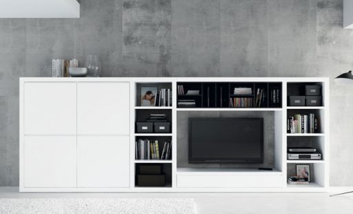 Cómo escoger el mueble para la televisión. Mueble para televisión con librería de la colección Aiko de Kibuc.