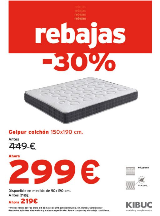 Rebajas del mueble en Kibuc. Colchón Gelpur con 2cm de viscogel.