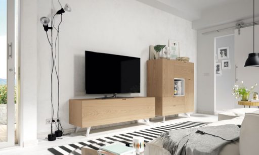 Cómo escoger el mueble para la televisión. Mueble en acabado natural de inspiración vintage de la colección Sombra de Kibuc.